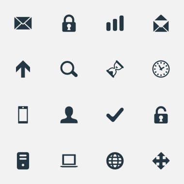 16 basit Apps simgeler kümesi. İzle, oklar, ileti ve diğer gibi öğeleri bulunabilir.