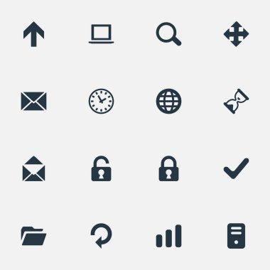 16 basit Apps simgeler kümesi. Bilgisayar Kasası, onay, oklar ve diğer gibi öğeleri bulunabilir.