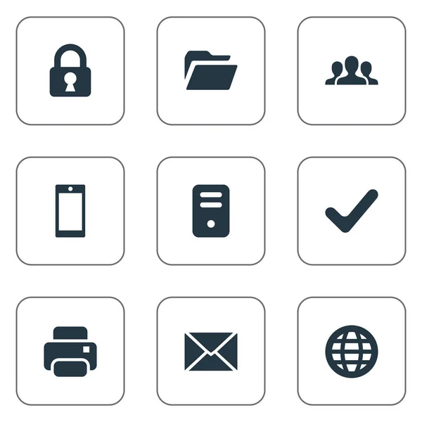 Set van 9 eenvoudige toepassing iconen. Elementen zoals Gemeenschap, controleren, Smartphone en andere vindt. — Stockvector