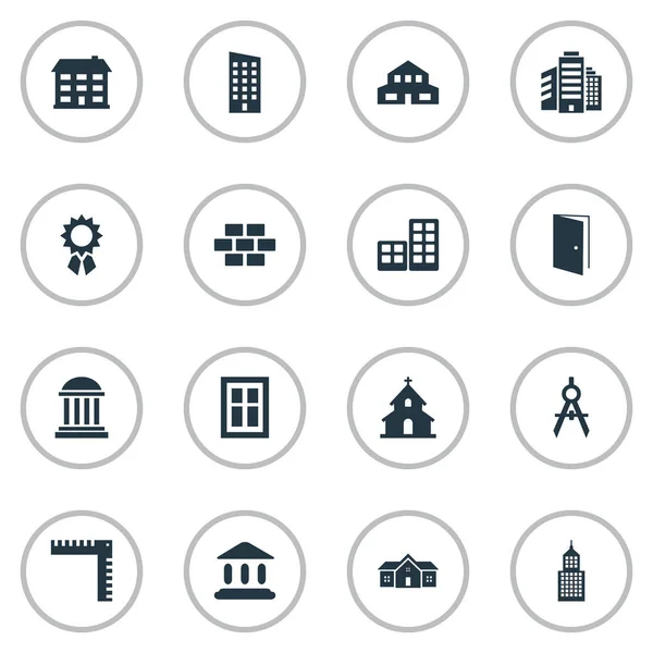 Conjunto de 16 iconos de construcción simples. Se pueden encontrar elementos tales como academia, piso, cabina y otros . — Vector de stock