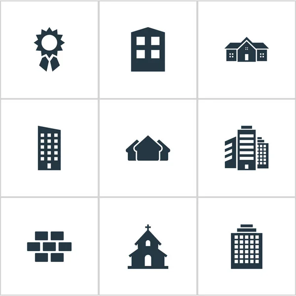Conjunto de 9 iconos de construcción simples. Se pueden encontrar elementos tales como construcción, piso, oficinas y otros . — Vector de stock