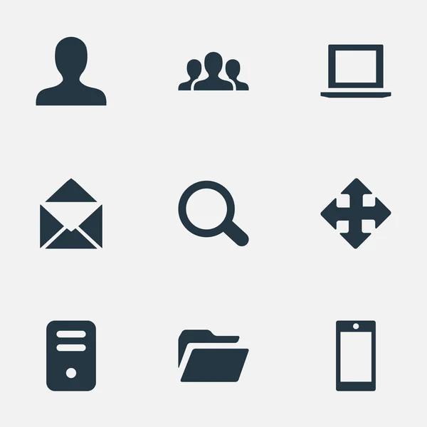 Set Of 9 Simple Application Icons. Можно найти такие элементы, как сообщество, пользователь, ноутбук и другие . — стоковый вектор