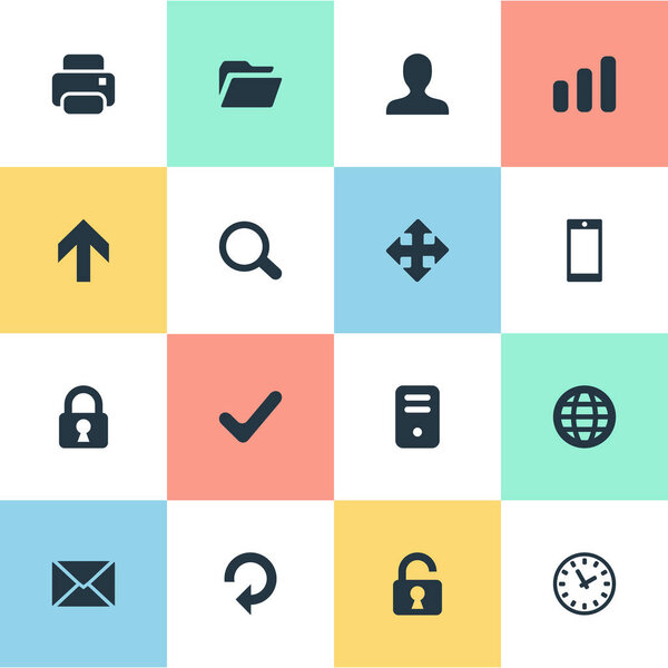 Set Of 16 Simple Application Icons. Can Be Found Such Elements As Computer Case, Message, Smartphone And Other.