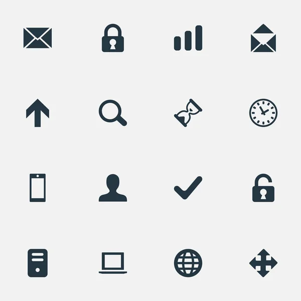 Conjunto de 16 ícones de aplicativos simples. Pode ser encontrado elementos como relógio, setas, mensagem e outros . —  Vetores de Stock