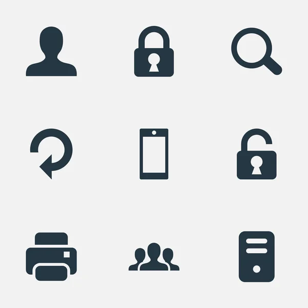 Set van 9 eenvoudige praktijk iconen. Elementen zoals Gemeenschap, Vergrootglas, Lock en andere vindt. — Stockvector
