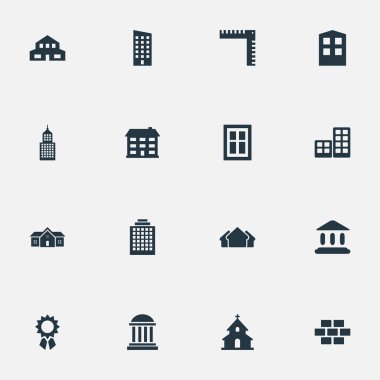 16 basit mimarisi simgeler kümesi. Uzunluğu, cam, ödül ve diğer gibi öğeleri bulunabilir.