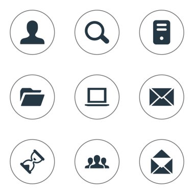 9 basit uygulama simgeler kümesi. Büyüteç, defter, toplum ve diğer gibi öğeleri bulunabilir.