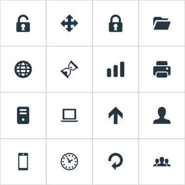 16 basit uygulama simgeler kümesi. Oklar, kilit, açık asma kilit ve diğer gibi öğeleri bulunabilir.