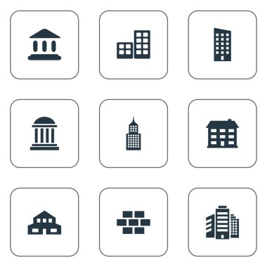 9 basit inşaat simgeler kümesi. Taş, üst yapı, düz ve diğer gibi öğeleri bulunabilir.