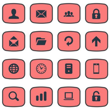 16 basit uygulama simgeler kümesi. Bilgisayar Kasası, Web, zarf ve diğer gibi öğeleri bulunabilir.