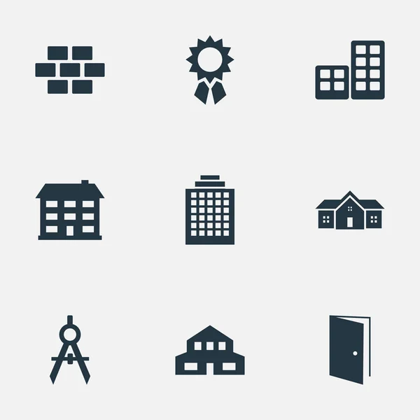Conjunto de 9 iconos de construcción simples. Se pueden encontrar elementos tales como herramienta de ingeniero, residencia, escuela y otros . — Vector de stock