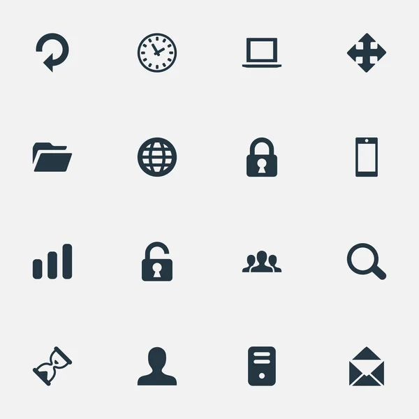 Conjunto de 16 iconos de práctica simple. Se pueden encontrar elementos tales como bloqueo, portátil, temporizador de arena . — Archivo Imágenes Vectoriales