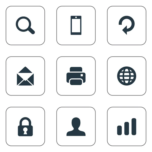 Set van 9 eenvoudige toepassing iconen. Elementen zoals Smartphone, Web, Vergrootglas en andere vindt. — Stockvector