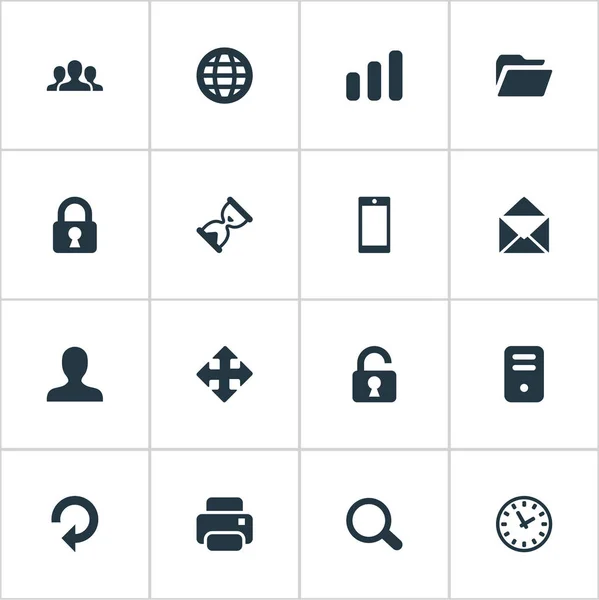 Conjunto de 16 iconos de aplicaciones simples. Se puede encontrar elementos tales como candado abierto, Actualizar, Temporizador de arena . — Archivo Imágenes Vectoriales