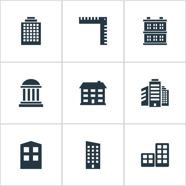 Conjunto de 9 Ícones de construção simples. Pode ser encontrado elementos como comprimento, superestrutura, escritórios e outros . — Vetor de Stock