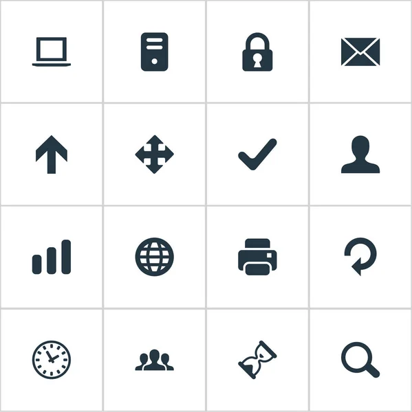 Conjunto de 16 ícones de aplicativos simples. Pode ser encontrado elementos como bloqueio, caderno, direção ascendente e outros . —  Vetores de Stock