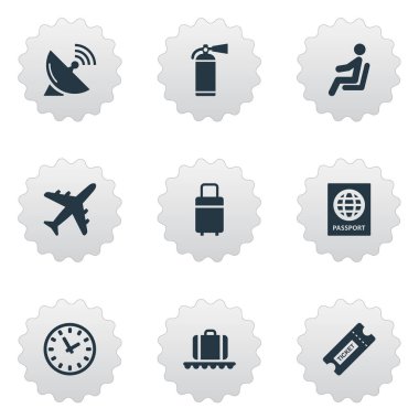 9 sade seyahat etmek simge kümesi. Kupon, uçak, seyahat çantası ve diğer gibi öğeleri bulunabilir.