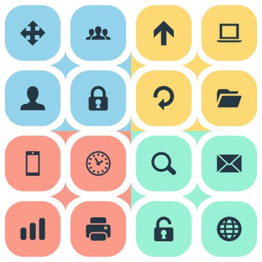 16 basit uygulama simgeler kümesi. Açık asma kilit, Web, toplum ve diğer gibi öğeleri bulunabilir.