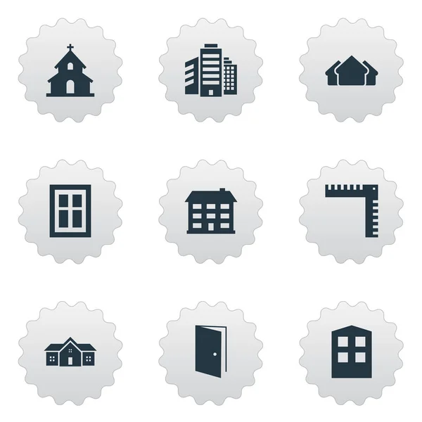 Zestaw 9 ikon prostej strukturze. Można znaleźć takie elementy jak budowa, klerykalny, nadbudówki i inne. — Wektor stockowy