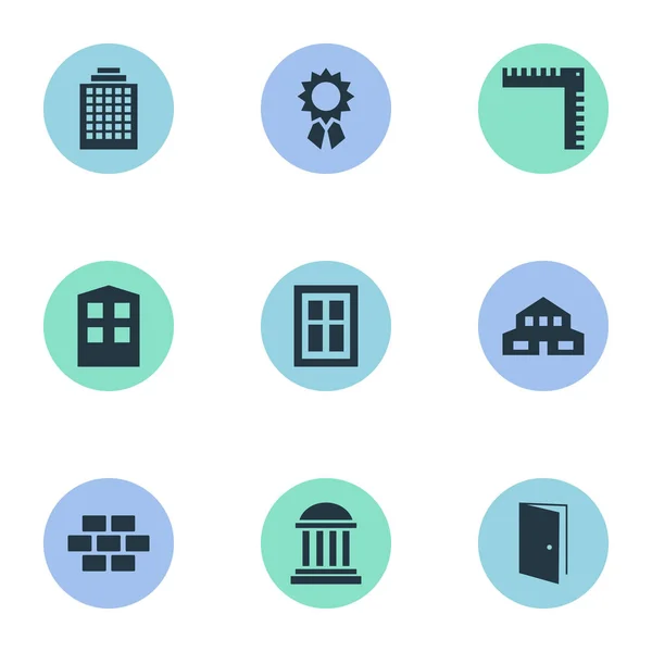 Conjunto de 9 iconos de arquitectura simple. Se pueden encontrar elementos tales como piedra, construcción, academia y otros . — Vector de stock