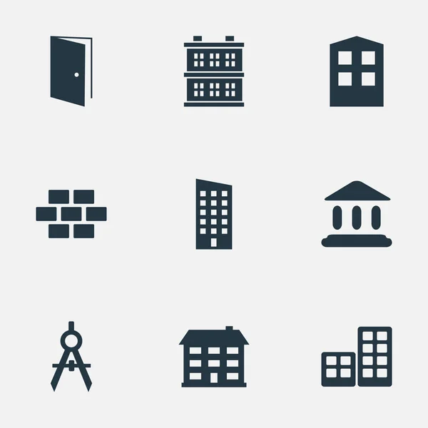 Set van 9 eenvoudige architectuur iconen. Elementen zoals School, Flat, steen en andere vindt. — Stockvector