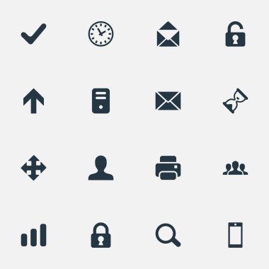 16 basit uygulama simgeler kümesi. Bilgisayar Kasası, istatistik, Büyüteç'i ve diğer gibi öğeleri bulunabilir.