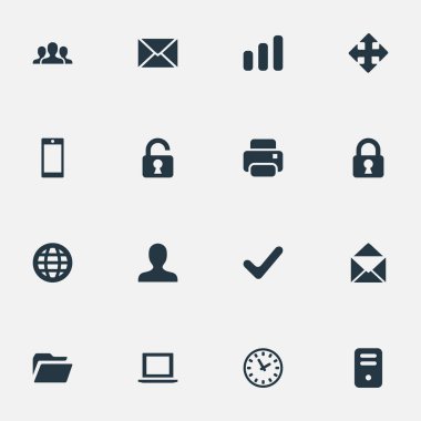 16 basit uygulama simgeler kümesi. Bilgisayar Kasası, dosyası, not defteri ve diğer gibi öğeleri bulunabilir.