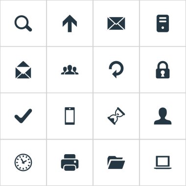 16 basit uygulama simgeler kümesi. İleti, Büyüteç, kum sayacı gibi öğeleri bulunabilir.