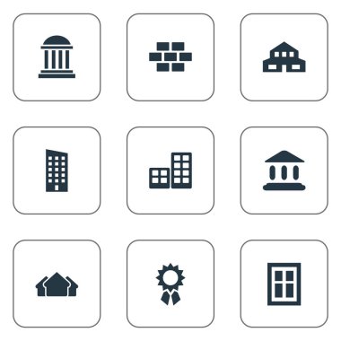 9 basit mimarisi simgeler kümesi. Ödül, Booth, düz ve diğer gibi öğeleri bulunabilir.