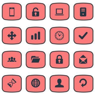 16 basit uygulama simgeler kümesi. Defter, kilit, kum Zamanlayıcı gibi öğeleri bulunabilir.