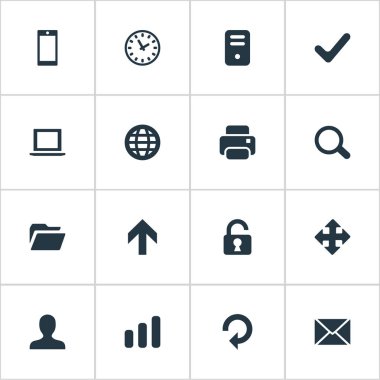 16 basit uygulama simgeler kümesi. Dizüstü bilgisayar, bilgisayar Kasası, oklar ve diğer gibi öğeleri bulunabilir.