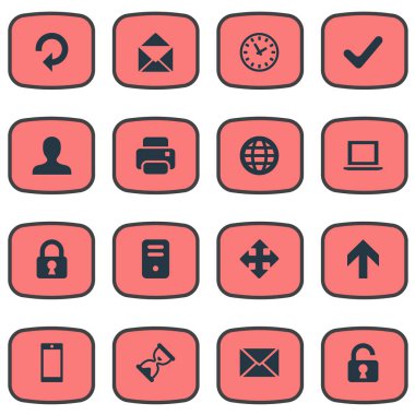 16 basit uygulama simgeler kümesi. Zarf, izle, kullanıcı ve diğer gibi öğeleri bulunabilir.