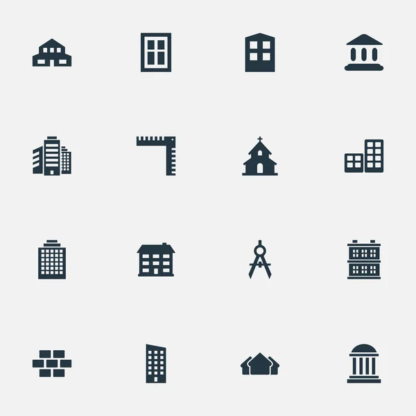 Conjunto de 16 iconos de arquitectura simple. Se puede encontrar elementos tales como residencial, piedra, academia y otros . — Archivo Imágenes Vectoriales