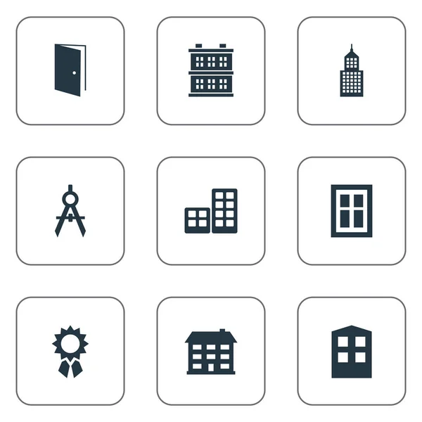 Conjunto de 9 iconos de construcción simples. Se pueden encontrar elementos tales como acristalamiento, escuela, construcción y otros . — Vector de stock
