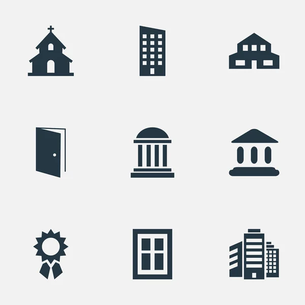 Conjunto de 9 iconos de construcción simples. Se pueden encontrar elementos tales como superestructura, academia, cabina y otros . — Vector de stock