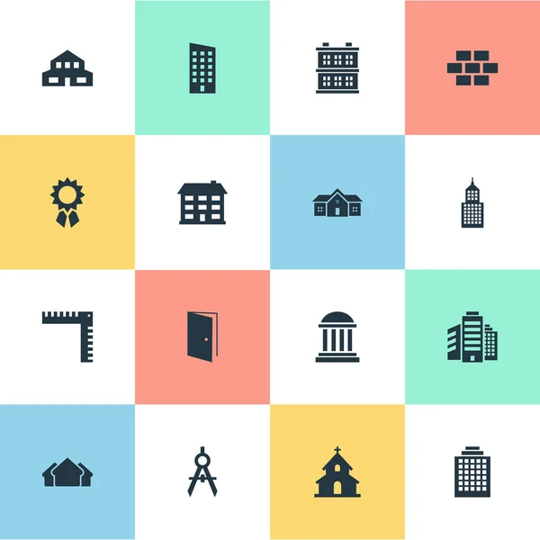 Conjunto de 16 iconos de arquitectura simple. Se pueden encontrar elementos tales como Academia, Recompensa, Residencial y Otros . — Vector de stock