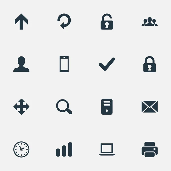 Set med 16 enkla appar ikoner. Finns sådana element som förstoringsglas, Computer Case, riktning uppåt och andra. — Stock vektor