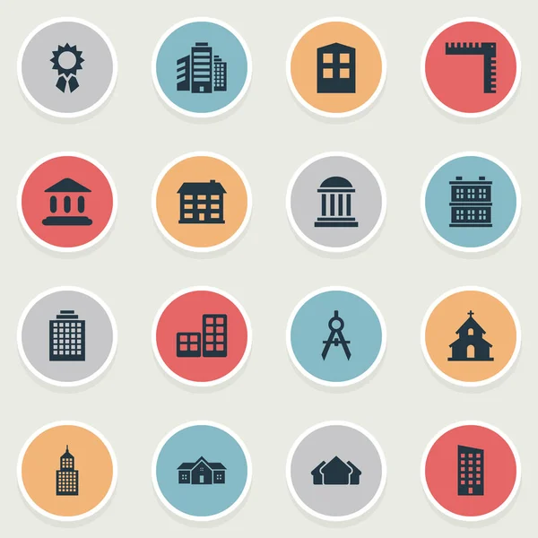 Conjunto de 16 iconos de arquitectura simple. Se pueden encontrar elementos tales como Academia, Escuela, Recompensa y Otros . — Vector de stock