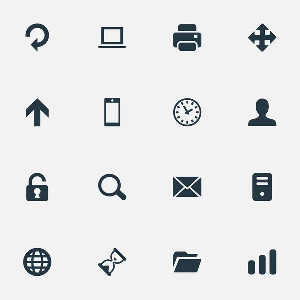 Conjunto de 16 iconos de aplicaciones simples. Se pueden encontrar elementos tales como estadísticas, dossier, usuario y otros . — Archivo Imágenes Vectoriales
