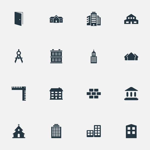 Conjunto de 16 iconos de construcción simples. Se pueden encontrar elementos tales como estructura, oficinas, herramienta de ingeniero y otros . — Archivo Imágenes Vectoriales
