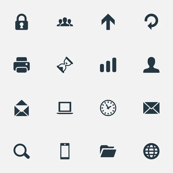 Conjunto de 16 iconos de aplicación simple. Se pueden encontrar elementos tales como Dossier, Temporizador de arena, Estadísticas . — Archivo Imágenes Vectoriales