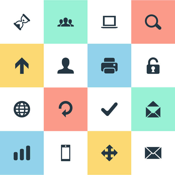 Set Of 16 Simple Practice Icons. Can Be Found Such Elements As Statistics, Smartphone, User And Other.