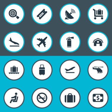 16 basit uçak simgeler kümesi. Bagaj atlıkarınca, garaj, koruma aracı ve diğer gibi öğeleri bulunabilir.