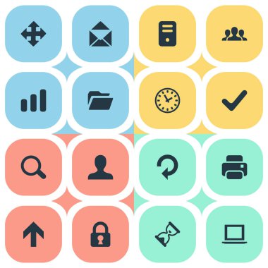 16 basit uygulama simgeler kümesi. İstatistikler, topluluk, defter ve diğer gibi öğeleri bulunabilir.