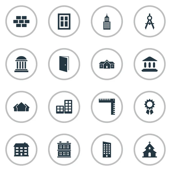 Conjunto de 16 iconos de construcción simples. Se pueden encontrar elementos tales como cabina, papas, refugio y otros . — Vector de stock