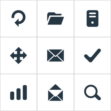 9 basit uygulama simgeler kümesi. Zarf, onay, dosya ve diğer gibi öğeleri bulunabilir.