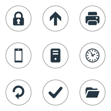 9 basit uygulama simgeler kümesi. Kilit, dosyası, onay ve diğer gibi öğeleri bulunabilir.