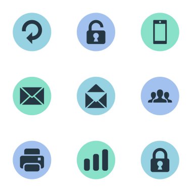 9 basit uygulama simgeler kümesi. Smartphone, zarf, toplum ve diğer gibi öğeleri bulunabilir.