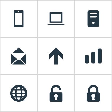 9 basit uygulama simgeler kümesi. İstatistikler, Notebook, bilgisayar kasası ve diğer gibi öğeleri bulunabilir.