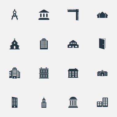 16 basit mimarisi simgeler kümesi. Blok, daire, ofis ve diğer gibi öğeleri bulunabilir.